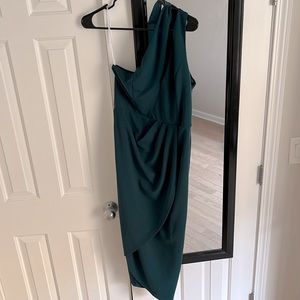 Lulus one shoulder forest green wedding guest dress